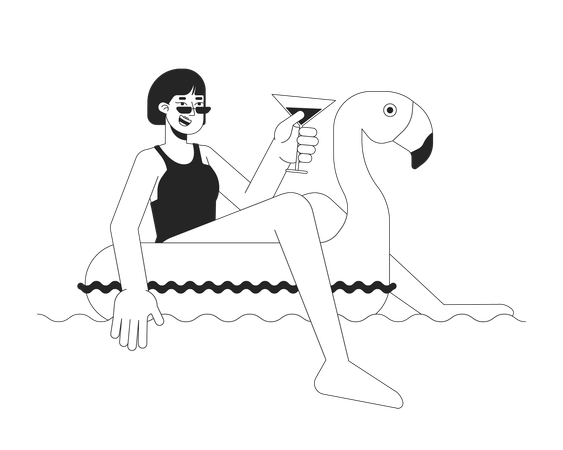 Happy woman is enjoying on inflatable flamingo  Illustration