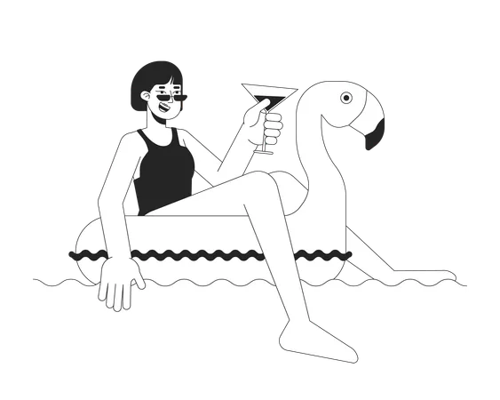 Happy Woman On Inflatable Flamingo Black And White 2 D Line Cartoon Character Asian Female Enjoying Pool Party Isolated Vector Outline Person Poolside Chillout Monochromatic Flat Spot Illustration Illustration