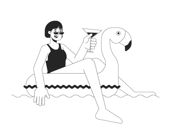 Happy woman is enjoying on inflatable flamingo  Illustration