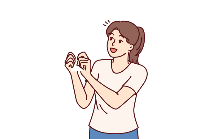 Happy woman is pointing towards up arrow  イラスト