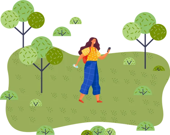 Happy Woman Is Walking In Summer Park Sunny Day Female Character With Backpack And Water Bottle Is Travelling Outdoors Lady Is Holding Mobile Phone Looking At Screen Girl Is Making Photo On A Walk Illustration
