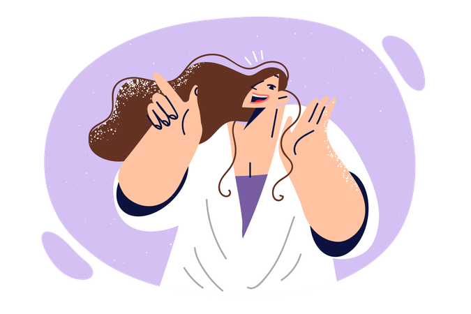 Happy woman joyfully raises hand to mouth  Illustration