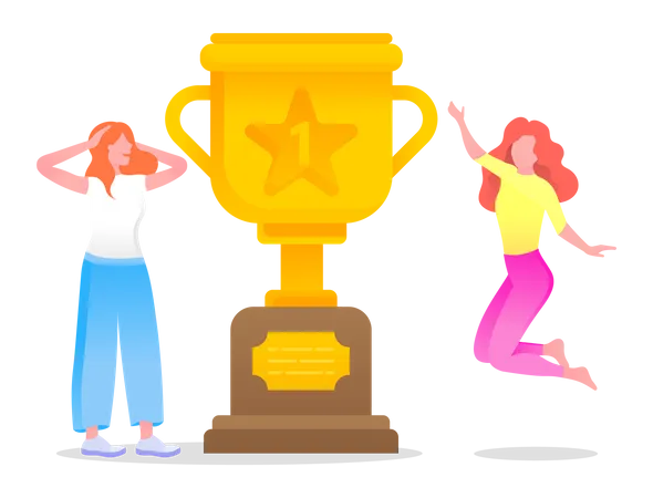 Happy Woman Jumping Near Golden Trophy Award Prize For Research In Flat Cartoon Style Isolated Vector Girl Congratulate Each Other Reward For Learning Illustration With Students Win Competition Illustration