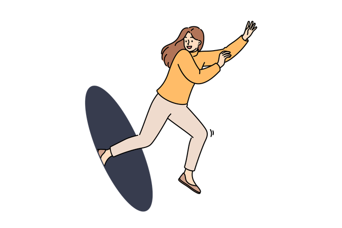 Happy woman jumps out of hole while showing readiness to move forward and energetic mood  Illustration