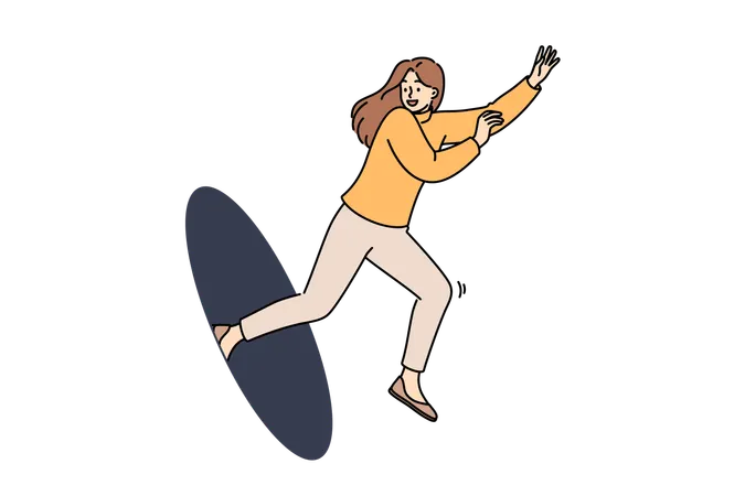Happy woman jumps out of hole while showing readiness to move forward and energetic mood  Illustration