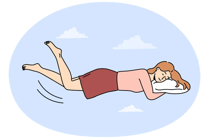 Happy woman levitate in air sleeping on pillow  Illustration
