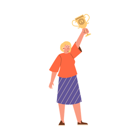 Happy woman lifting trophy cup prize  Illustration