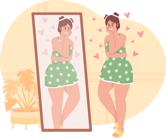 Happy woman looking in mirror Illustration