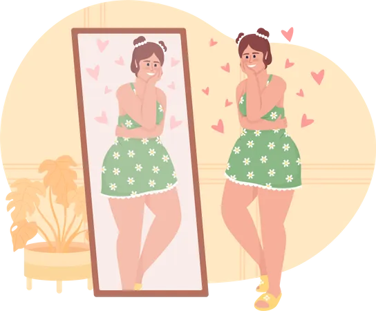 Happy Plump Woman Looking In Mirror 2 D Vector Isolated Illustration Lady With Curvy Shapes Flat Character On Cartoon Background Self Love Colourful Editable Scene For Mobile Website Presentation Illustration