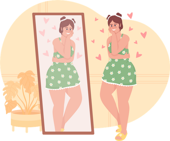 Happy woman looking in mirror  Illustration