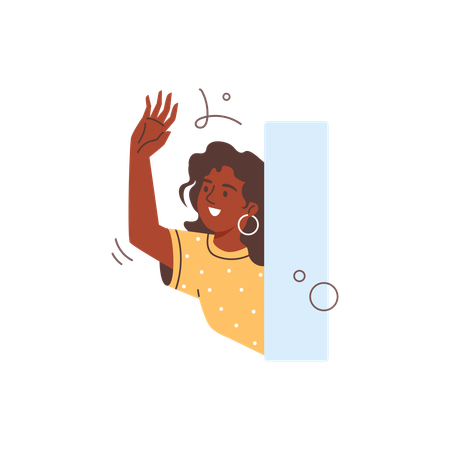 Happy woman looks out from behind the wall  Illustration