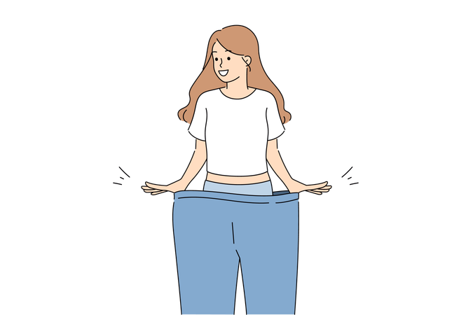 Happy woman lost weight smiles while trying on large size pants and rejoices at progress  Illustration