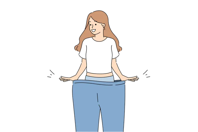 Happy woman lost weight smiles while trying on large size pants and rejoices at progress  Illustration