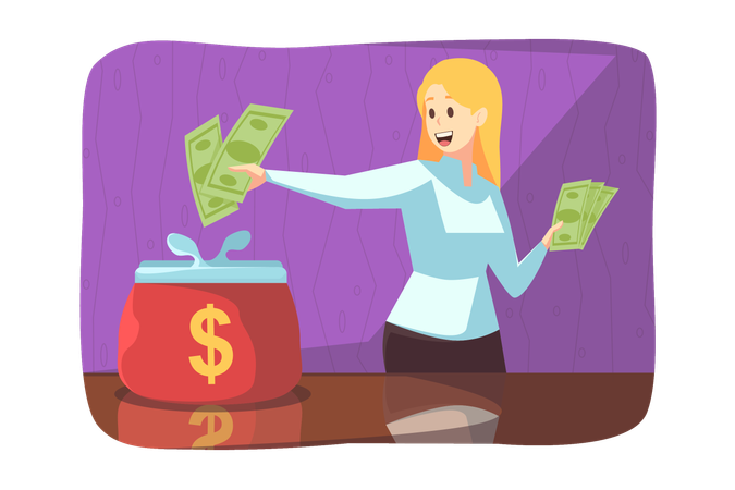 Happy woman making financial investment payment and putting cash dollars in big wallet  Illustration