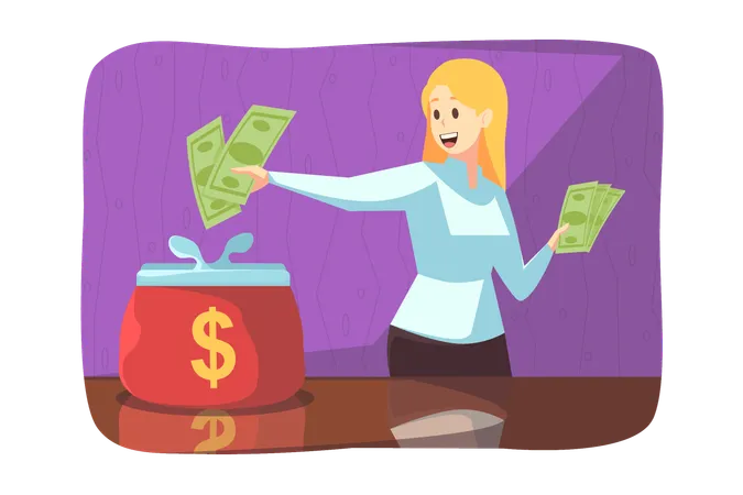 Business Saving Deposit Concept Young Happy Woman Girl Making Financial Investment Payment And Putting Cash Dollars In Big Wallet Accumulation Of Money Earning Currency And Purchasing Illustration Illustration