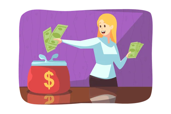 Happy woman making financial investment payment and putting cash dollars in big wallet  Illustration