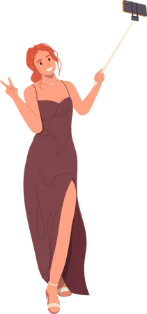 Happy Cute Young Beautiful Woman Cartoon Character In Trendy Fashion Evening Dress Making Selfie Or Streaming Video In Social Media From Party Event By Mobile Phone Isolated Vector Illustration Illustration