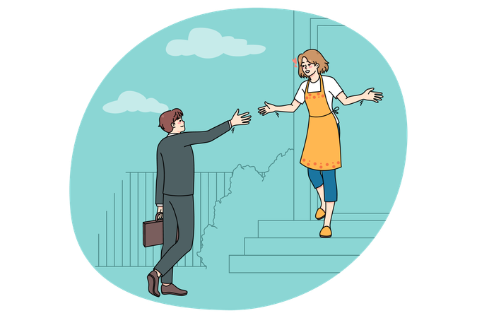 Happy woman meeting husband coming back home  Illustration