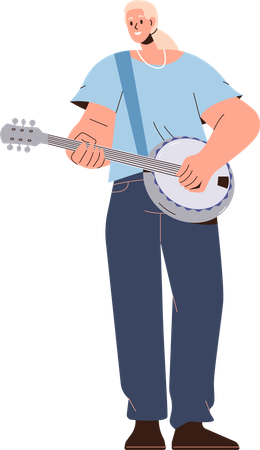 Happy woman musician playing banjo guitar  Illustration