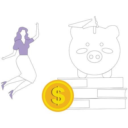 Happy woman near stack of books and piggy bank  Illustration