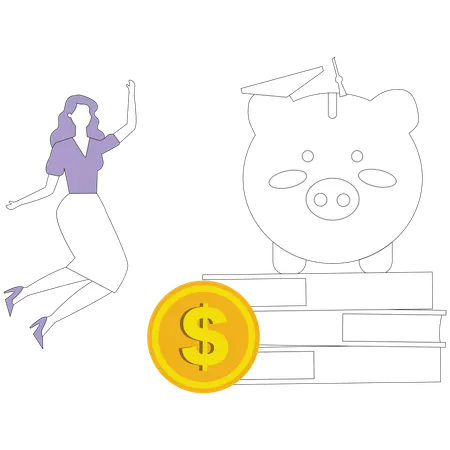 Happy woman near stack of books and piggy bank  Illustration