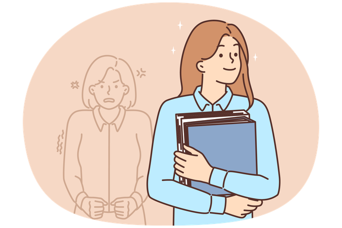 Happy woman office worker standing with folders near angry woman located behind  Illustration