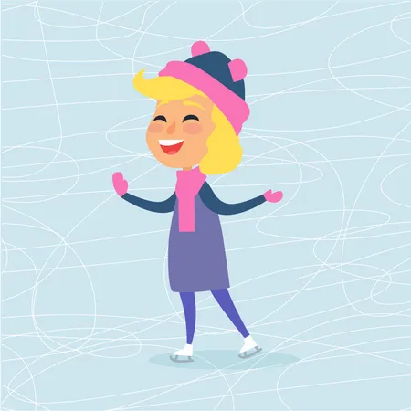 Cartoon Smiling Girl On Icerink In Flat Design Christmas Entertainment In City In Winter Time Vector Illustration Of Happy Female Person In Pink Hat Scarf And Mittens Spending New Year Holidays Illustration