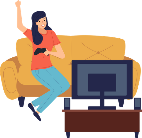 Happy woman playing video game at tv screen  Illustration