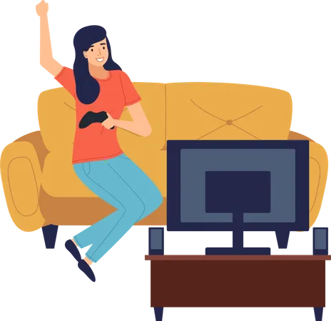 Happy Woman Winner With Joystick In Hand Playing Video Game At Tv Screen Relaxing Playing Games At Home Sitting At Sofa Indoors Activity Hobby Recreation Leisure Time At Home Isolated Character Illustration