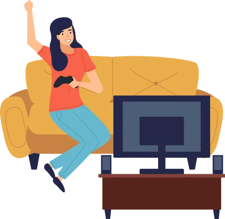 Happy woman playing video game at tv screen  Illustration