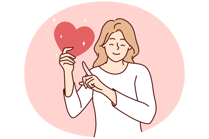 Happy woman point at heart in hands  Illustration