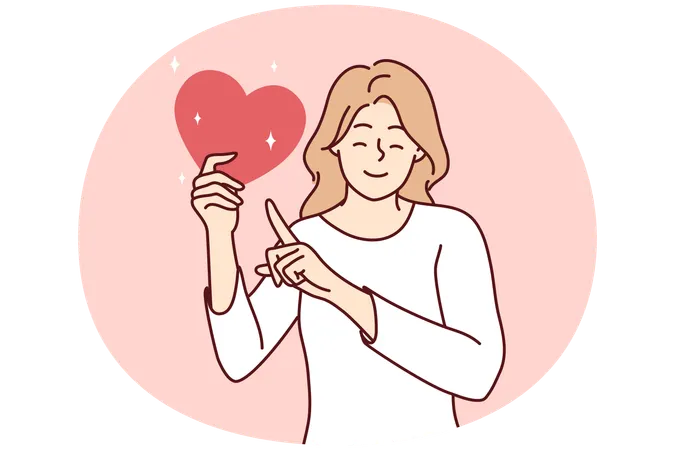 Happy woman point at heart in hands  Illustration