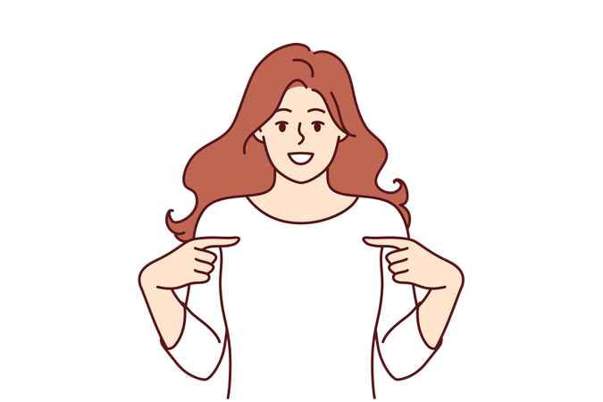 Happy woman pointing finger at t-shirt recommending good laundry  イラスト