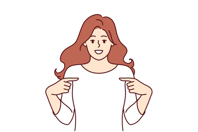 Happy Woman Pointing Finger At T Shirt Recommending Good Laundry Detergent Or Bleach For Clothes Happy Girl Is Proud Of Own Achievements Or Success In Career And Says Yes Its Me Illustration