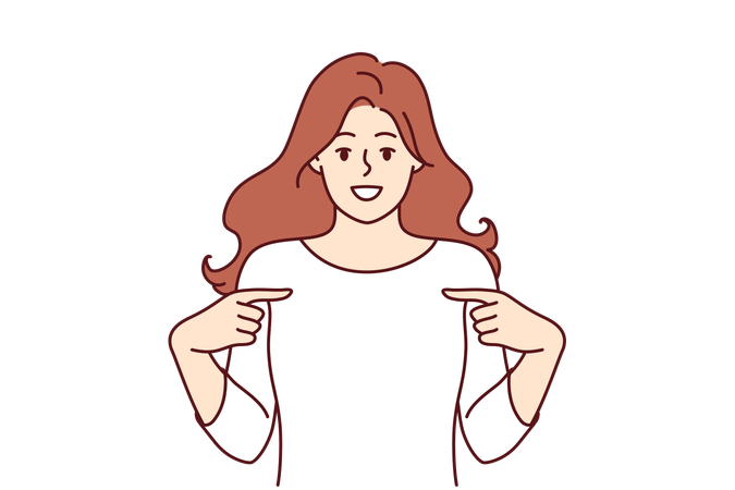 Happy woman pointing finger at t-shirt recommending good laundry  Illustration