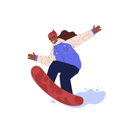 Happy woman professionally riding snowboard  Illustration