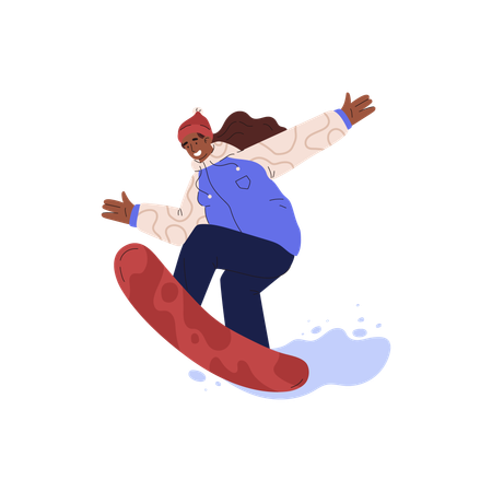 Happy woman professionally riding snowboard  Illustration