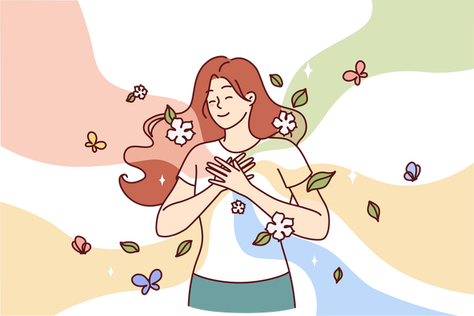 Happy woman puts hands on chest symbolizing spring mood  Illustration