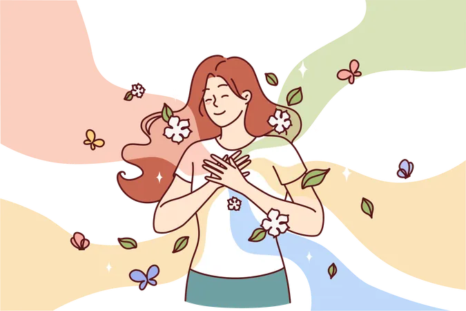 Happy Woman Puts Hands On Chest Standing Among Flying Butterflies And Petals Symbolizing Spring Mood Cheerful Girl Experiences Positive Emotions And Good Mood Thanks To Onset Of Spring Illustration