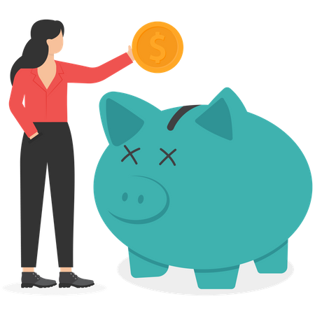 Happy Woman Puts Money In Piggy Bank Illustration