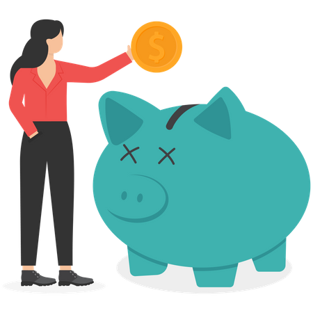 Happy Woman Puts Money In Piggy Bank  Illustration