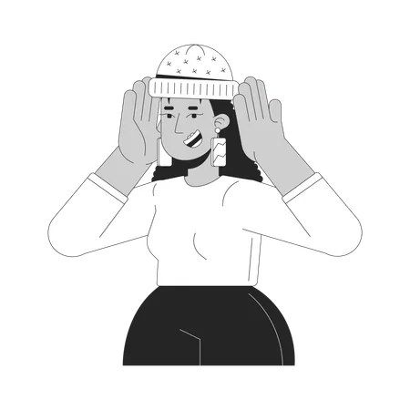 Happy woman putting on hat  Illustration