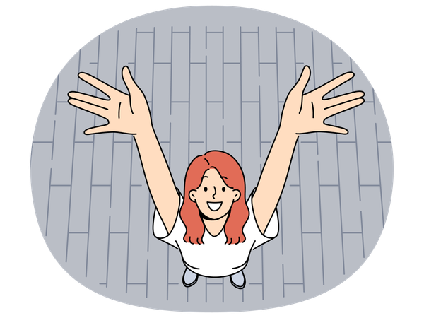 Happy woman raises hands up standing on street pavement and smiles looking at screen  Illustration