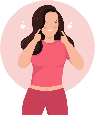 Happy woman raises her hand and pokes her cheek in cute way  Illustration