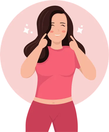 Happy woman raises her hand and pokes her cheek in cute way  Illustration