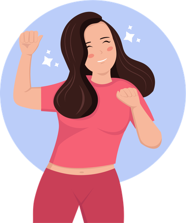 Happy woman raises her hands and tilts her head in cute dance pose  Illustration