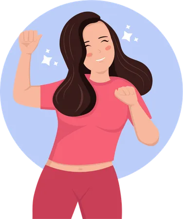 Happy Woman Raises Her Hands And Tilts Her Head In A Cute Dance Pose Vector Illustration Illustration