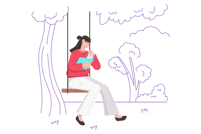 People Reading Book Modern Flat Concept Happy Woman Is Reading Novel Or Story While Sitting On Swing Female Reader Enjoying Literature Vector Illustration With Character Scene For Web Banner Design Illustration