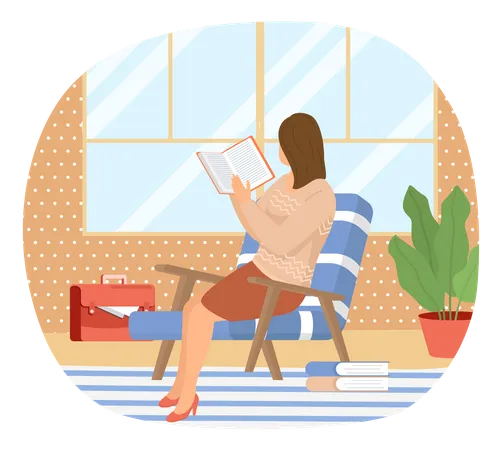 Young Woman Reading Book Studying At Home Book Lovers Hobby Student Resting With Book Female Character Is Fond Of Literature Enjoys Reading Gets Education Illustration