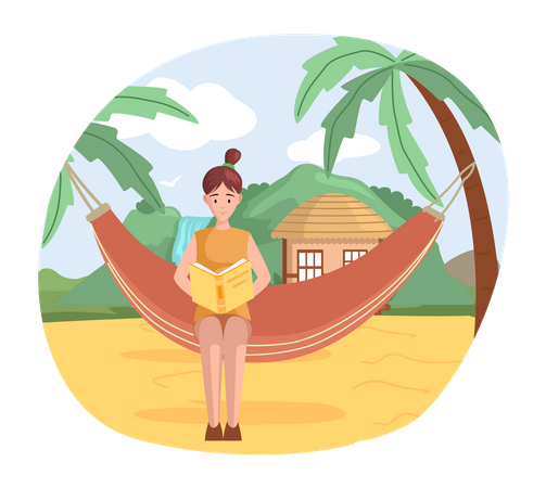 Happy woman reading book on vacation Illustration